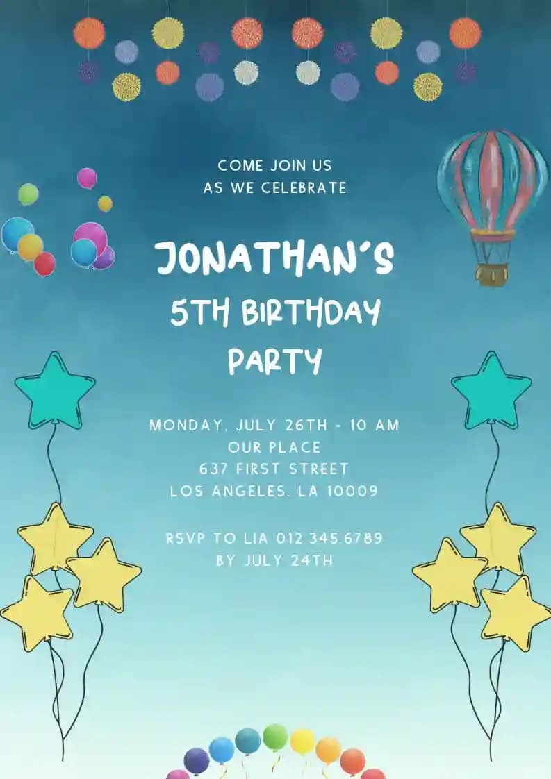 Kids Birthday Invitations - Hot Air Balloon