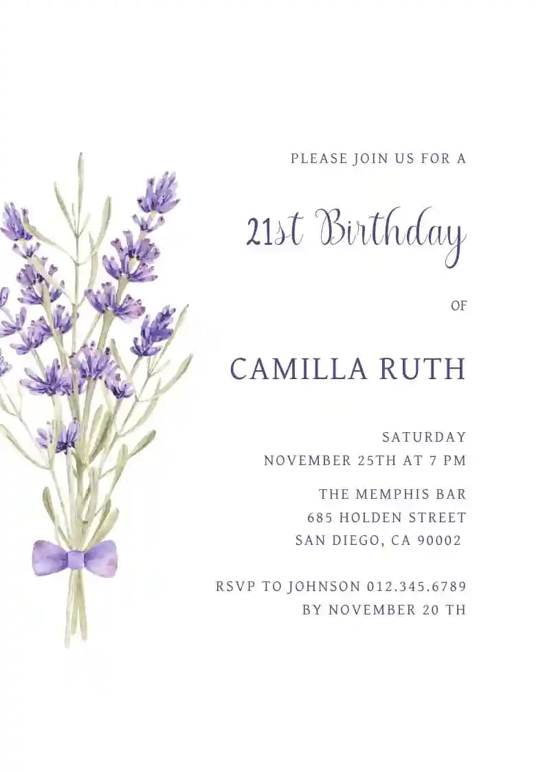Adults Birthday Invitations - Watercolor Lavender Flower