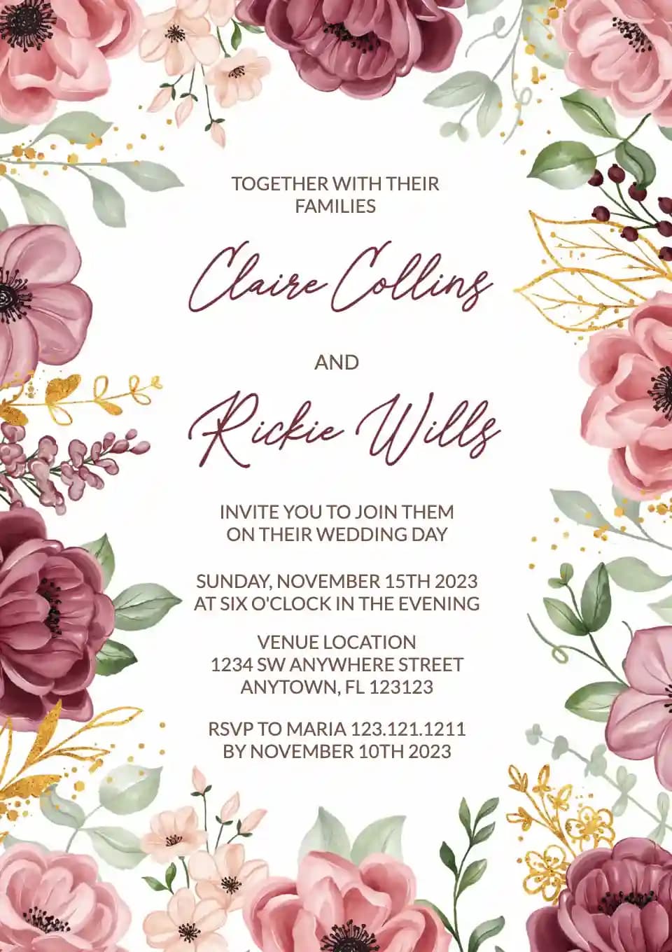Invitations De Mariage - Cadre Fleur Marron