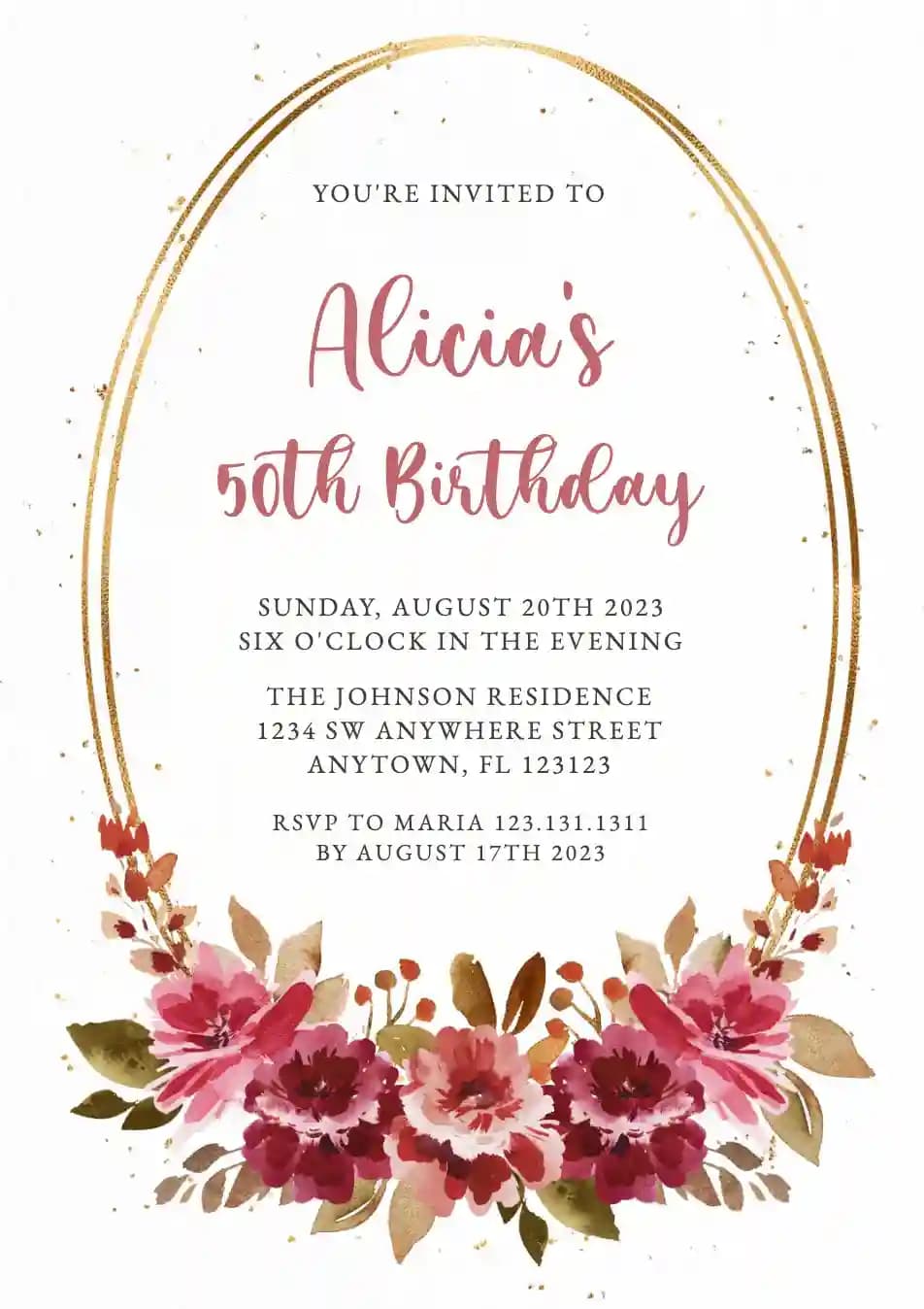 Invitaciones De Cumpleaños Para Adultos - Marco Dorado De Flores