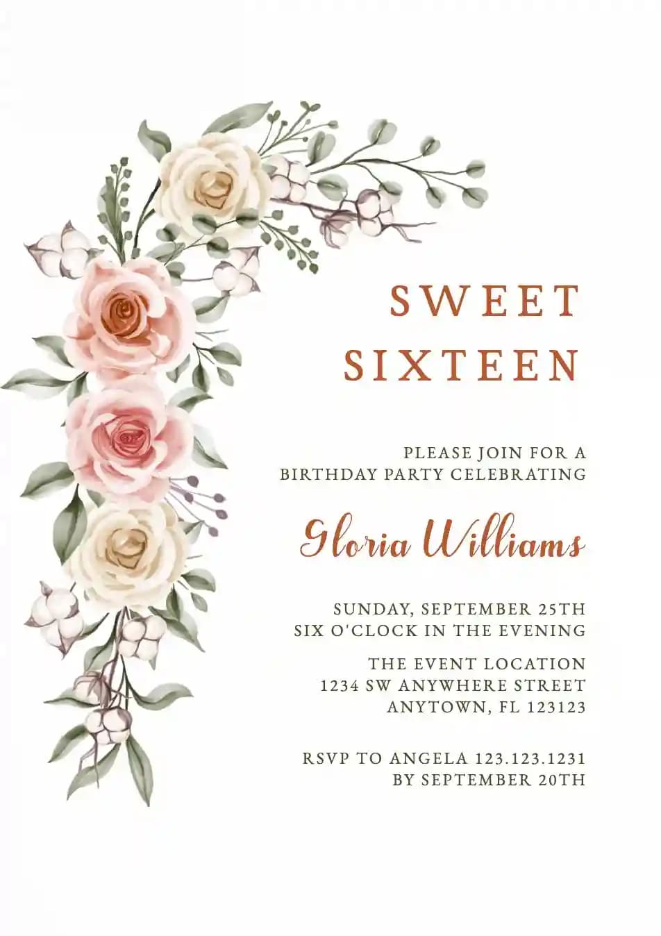 Teenage Birthday Invitations - Pink Roses