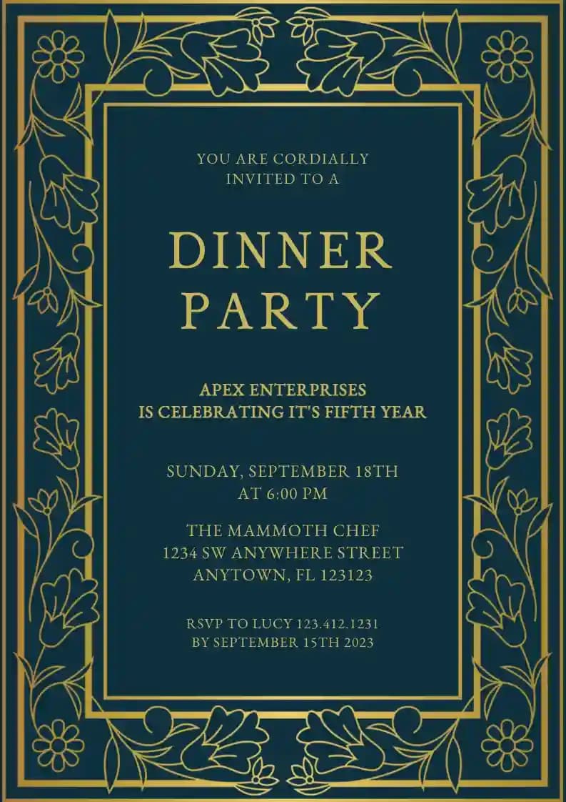 Dinner Party Invitations - Gold Floral Frame