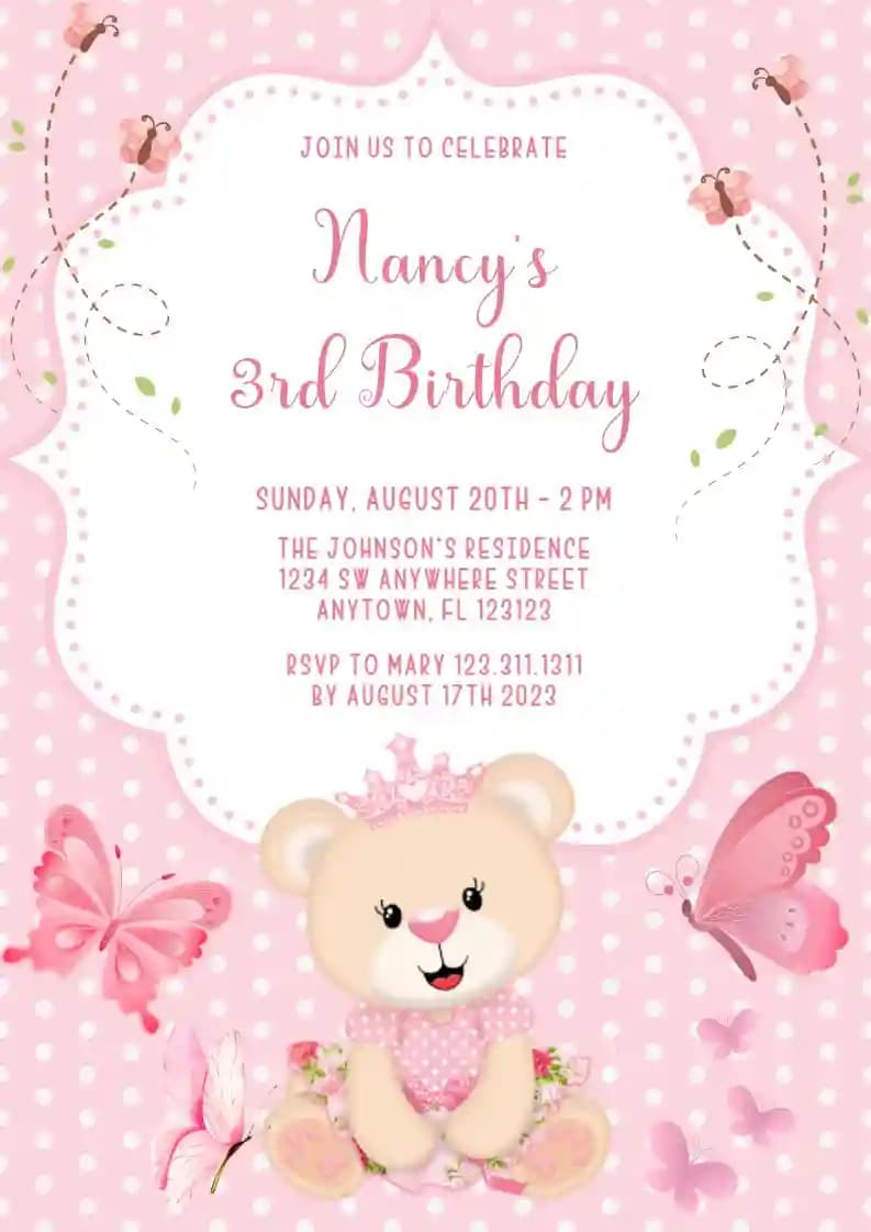 Kids Birthday Invitations - Princess Bear