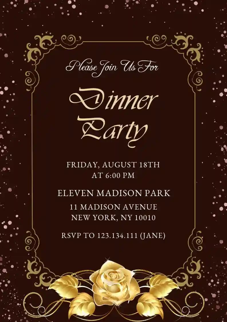 Dinner Party Invitations - Gold Frame Rose Decor