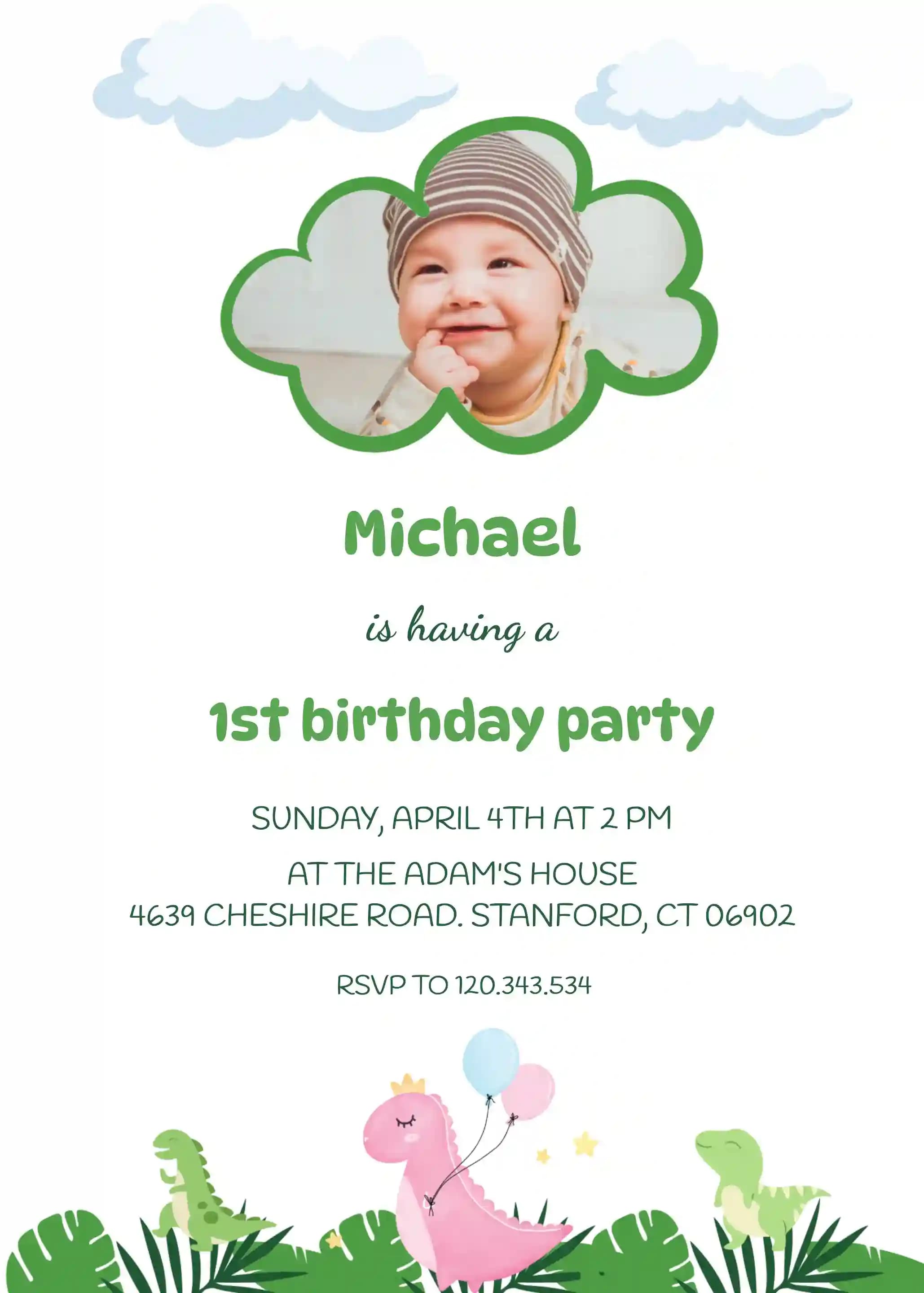 First Birthday Invitations - Green Dino Balloon