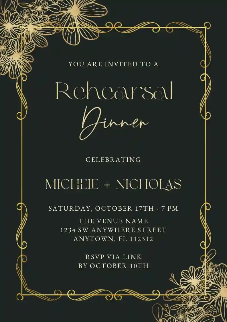 Invitaciones Para Cena De Ensayo - Marco De Flores Doradas