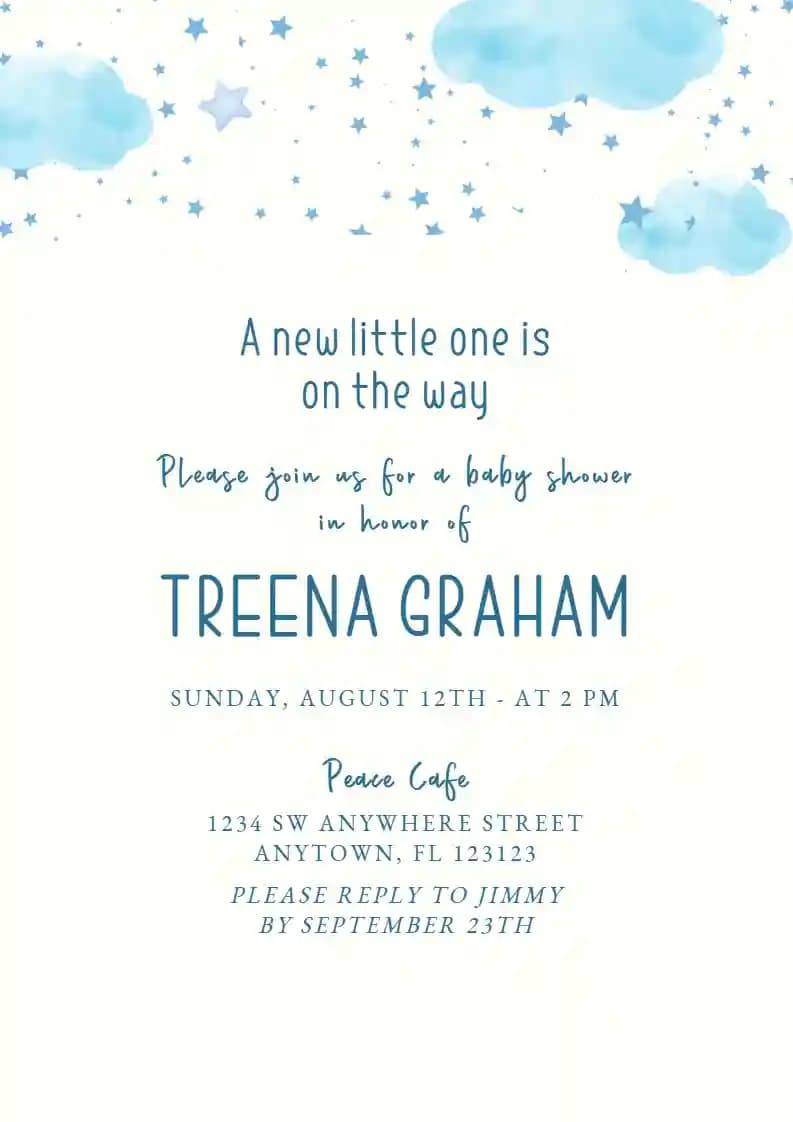 Baby Shower Invitations - Blue Clouds And Stars