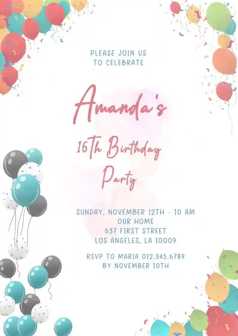 Teens Birthday Invitations - Colorful Corner Balloon