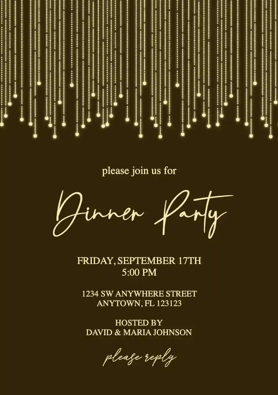 Dinner Party Invitations - Gold String Lights