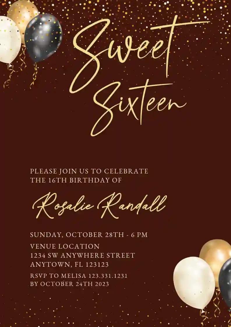 Teens Birthday Invitations - Gold Particles And Balloon