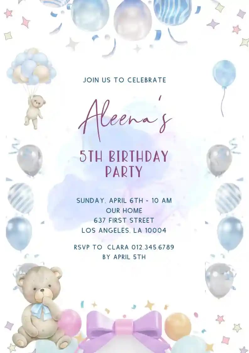 Invitaciones De Cumpleaños Infantiles - Oso De Peluche Y Globo