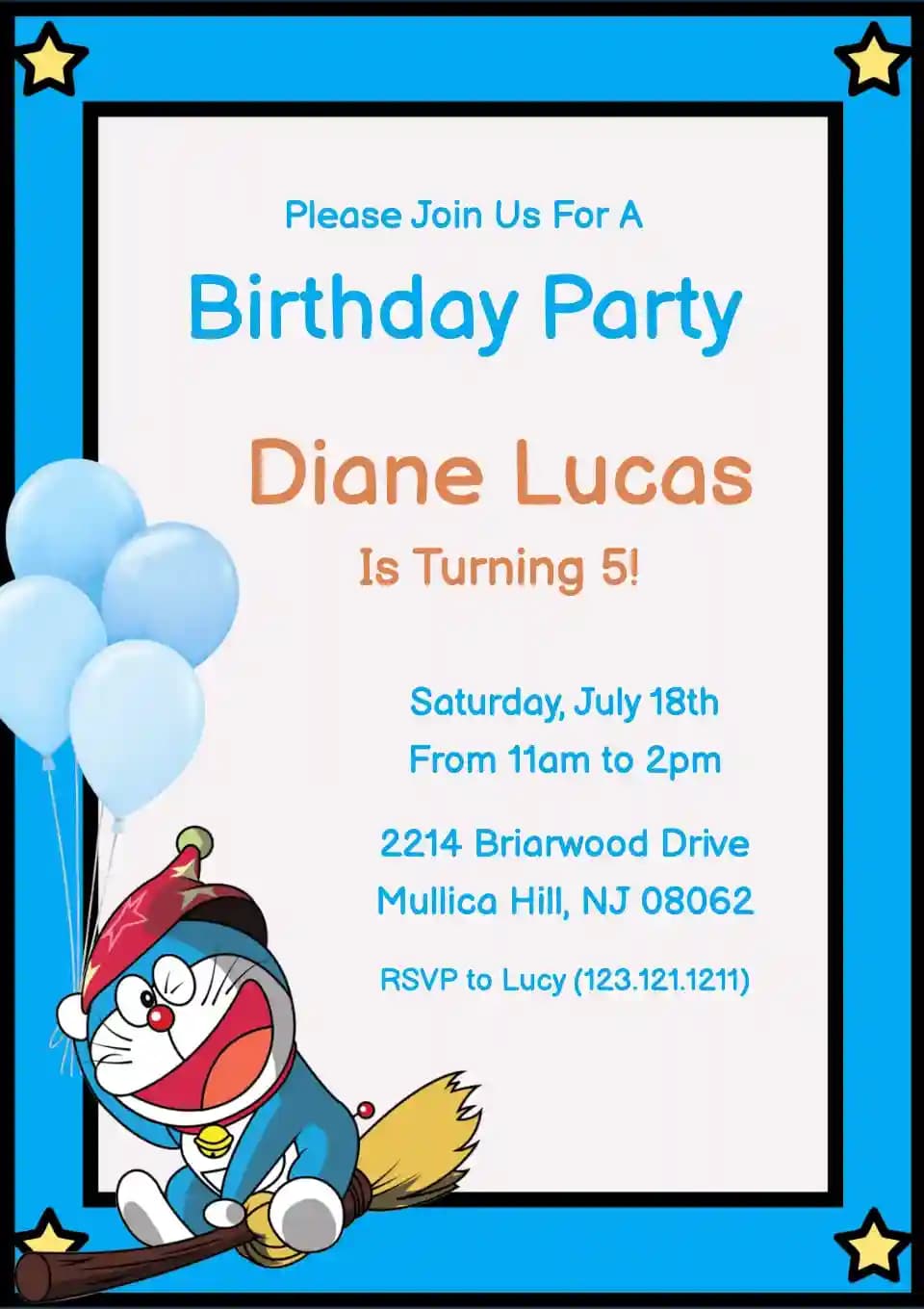 Invitaciones De Cumpleaños Infantiles - Escoba Voladora De Doraemon