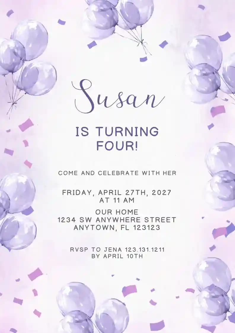 Kids Birthday Invitations - Purple Balloons