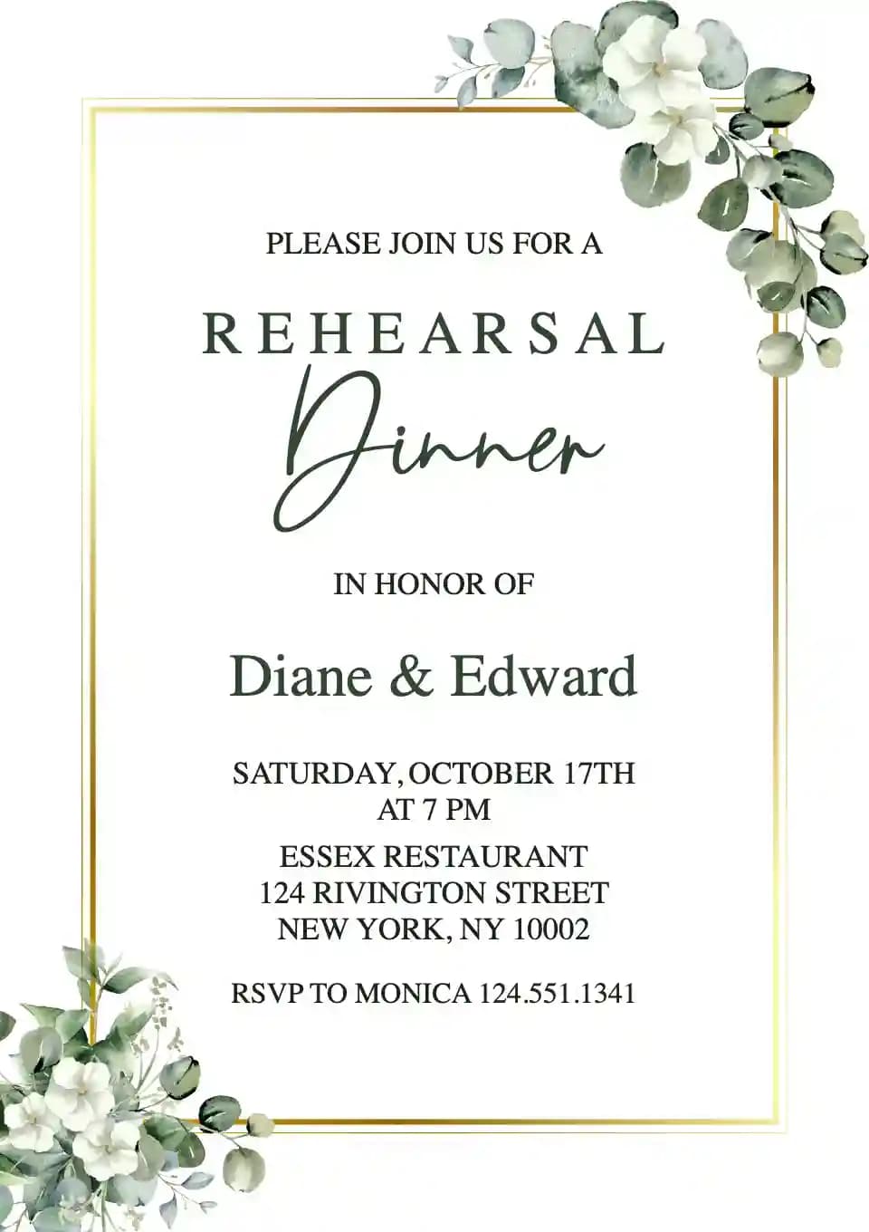 Rehearsal Dinner Invitations - Eucalyptus Gold Frame