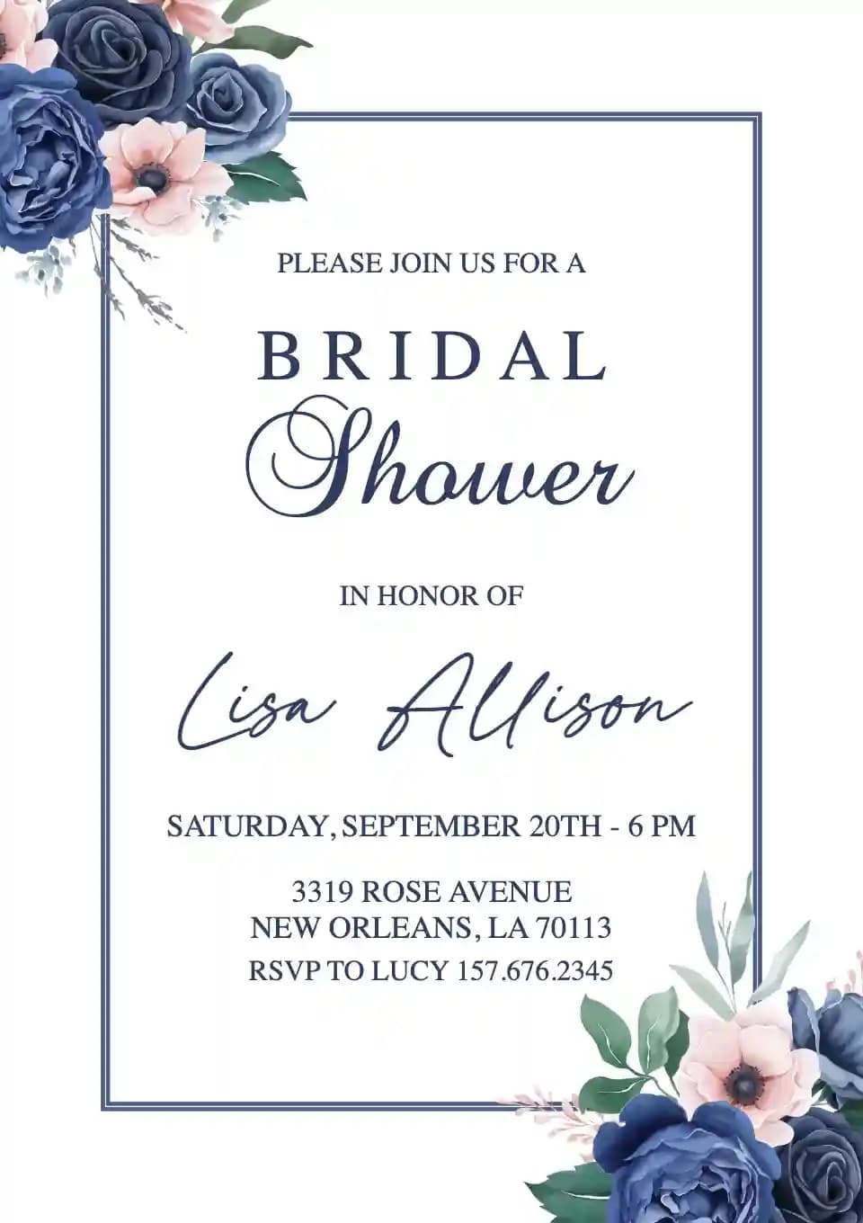 Bridal Shower Invitasjoner - Blå Roser