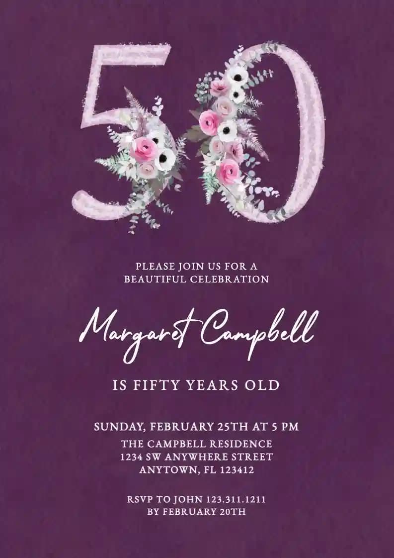 Adults Birthday Invitations - Pink Number Florals 50
