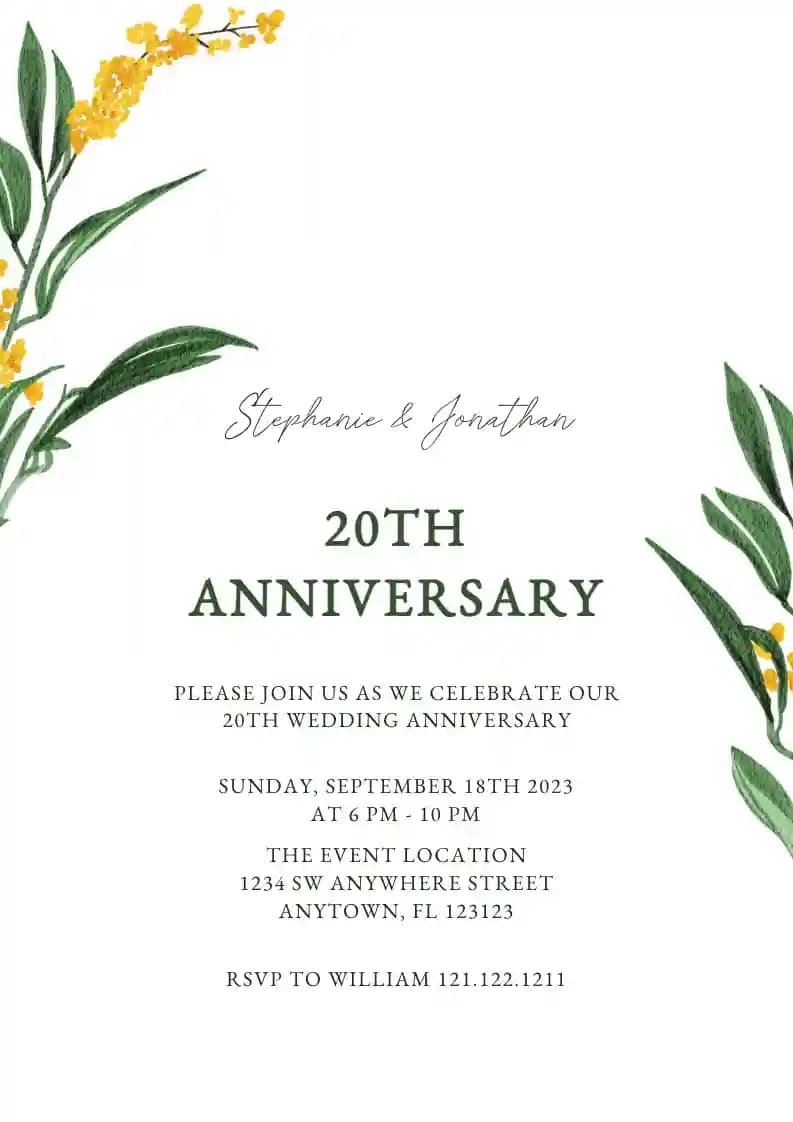 Wedding Anniversary Invitations - Green Leaves