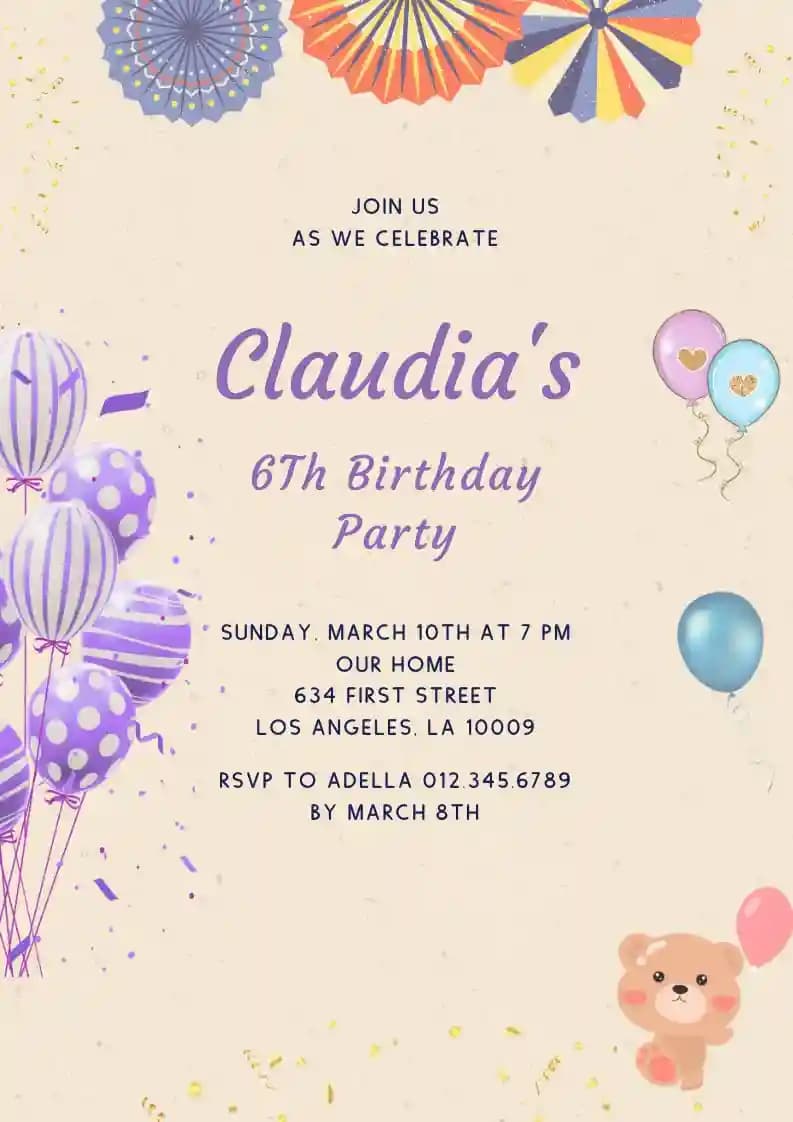 Invitații Pentru Petreceri De Copii - Balon Violet