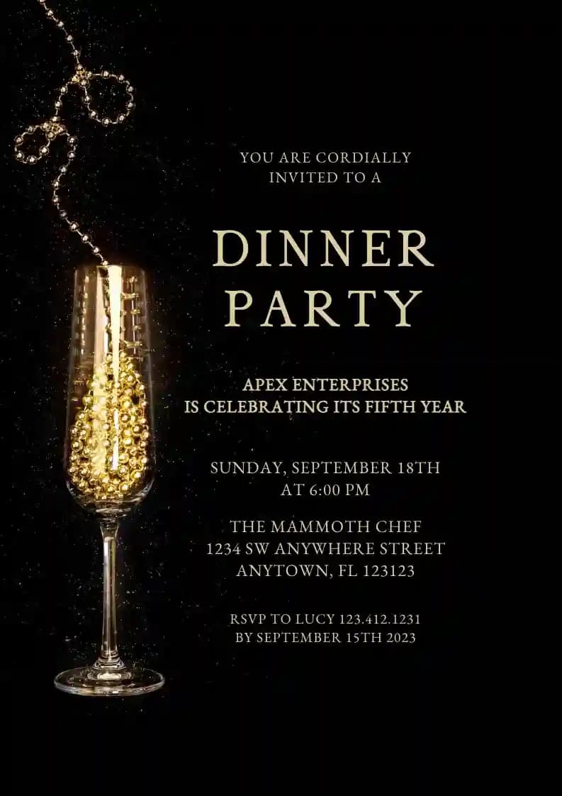 Dinner Party Invitations - Gold Champagne Glass