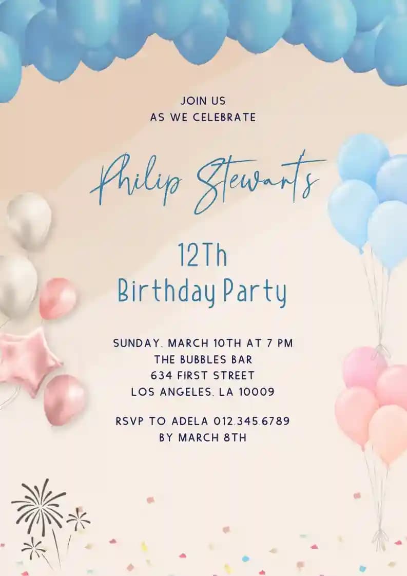 Invitations D'anniversaire Pour Enfants - Décoration Ballon Bleu