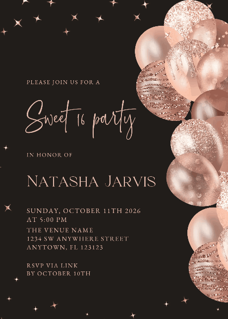 Teens Birthday Invitations - Gold rose balloon