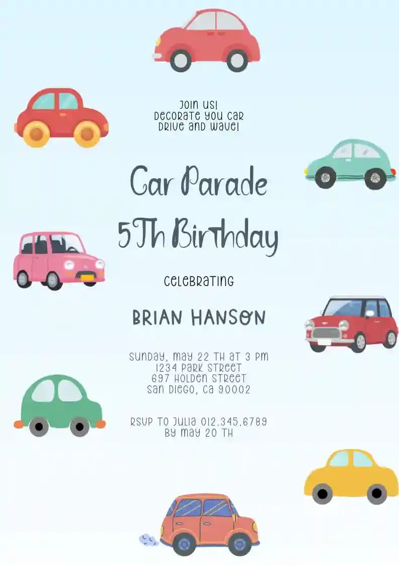 Kids Birthday Invitations - Cute Cars