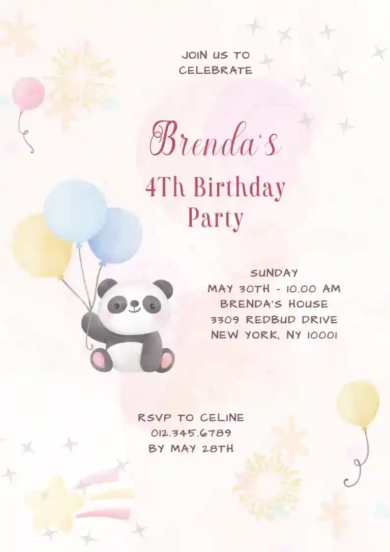 Kids Birthday Invitations - Panda With Balloon
