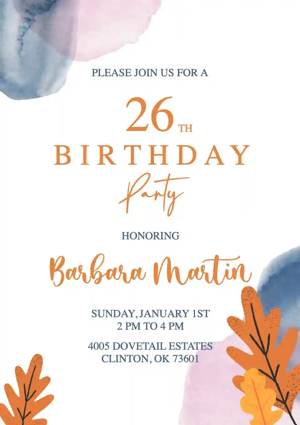 Adults Birthday Invitations - Orange Leaves Birthday Party