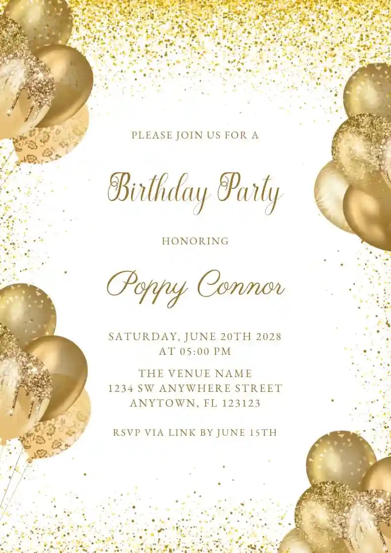 Teens Birthday Invitations - Gold Balloon And Confetti