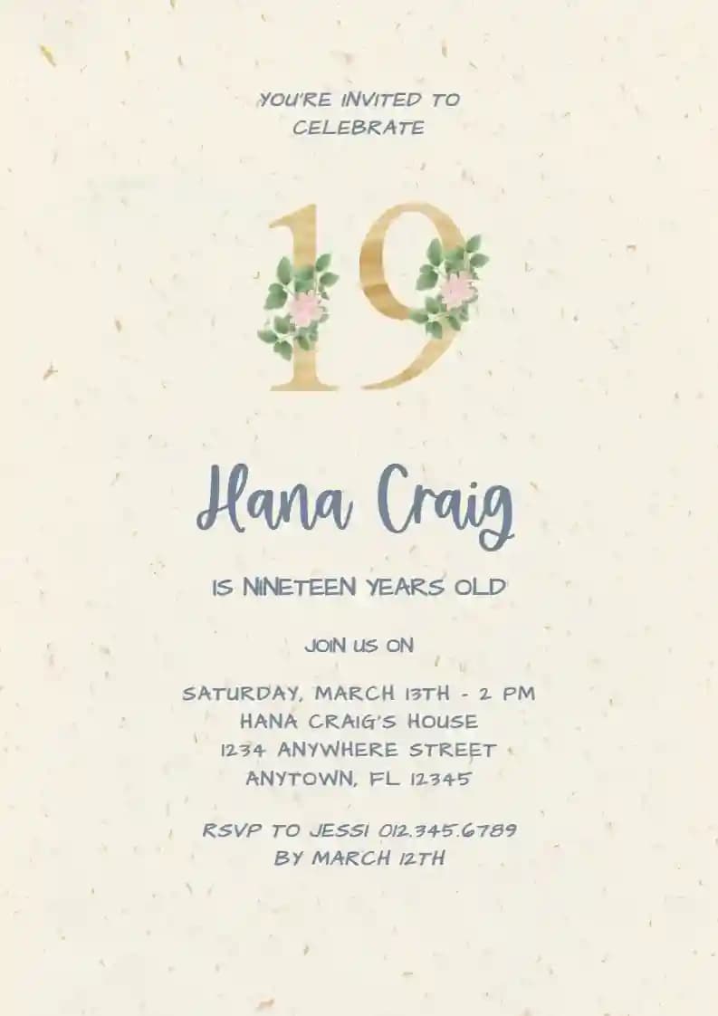 Teens Birthday Invitations - 19 Number Watercolor