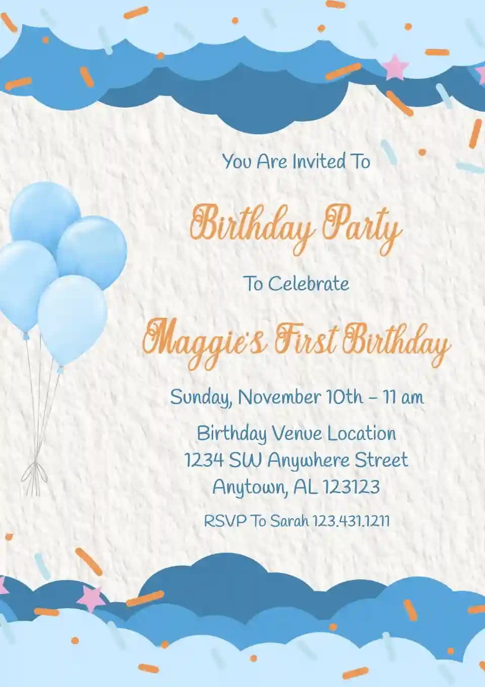 Invitaciones Para El Primer Cumpleaños - Nube Azul