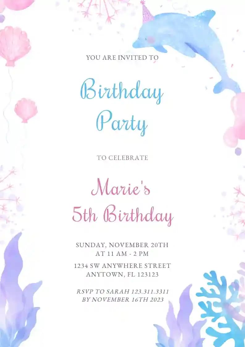 Kids Birthday Invitations - Watercolor Dolphin