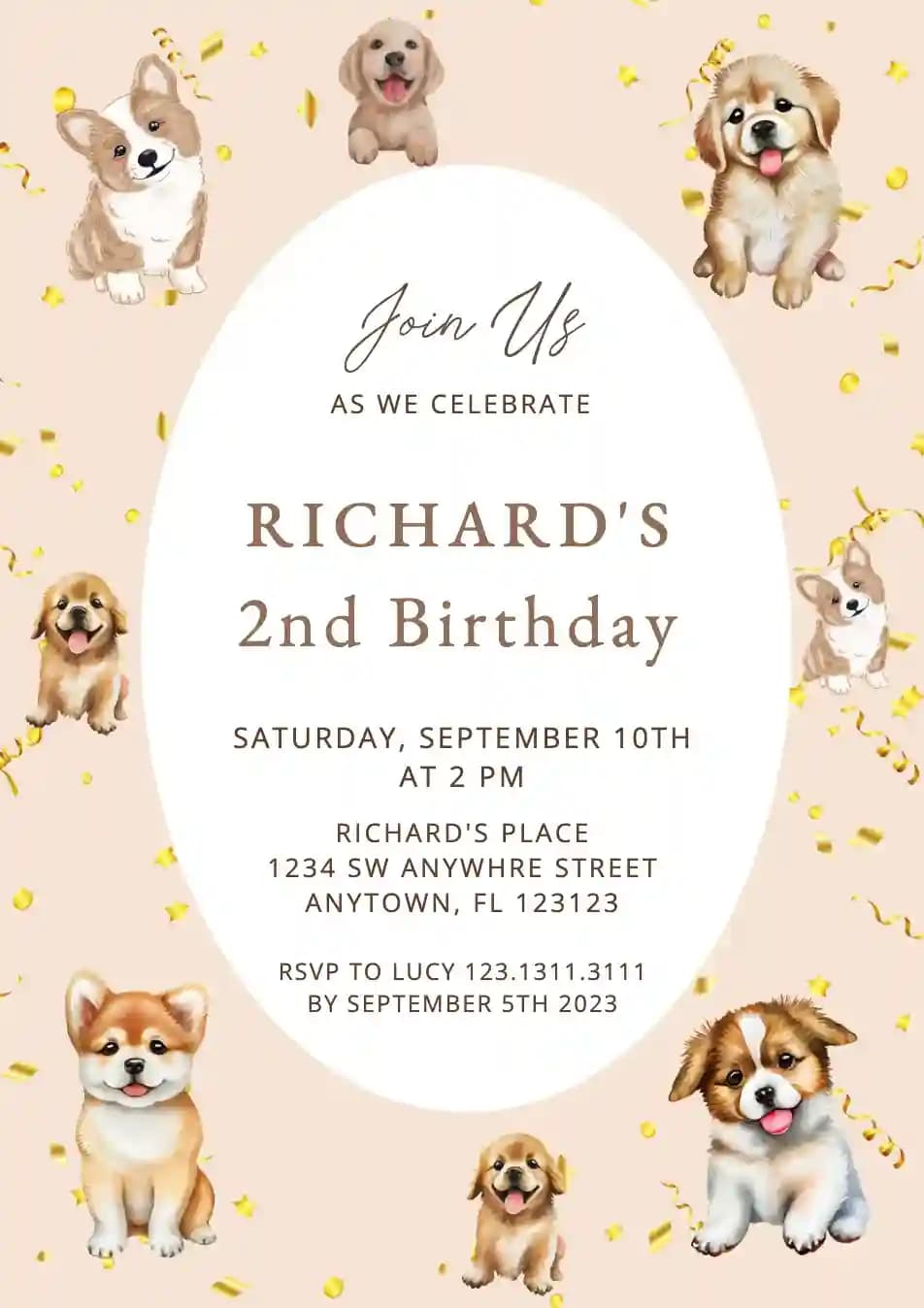 子供向けの誕生日招待状 - かわいい子犬