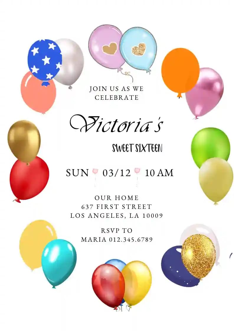 Teenage Birthday Invitations - Glitter Balloons