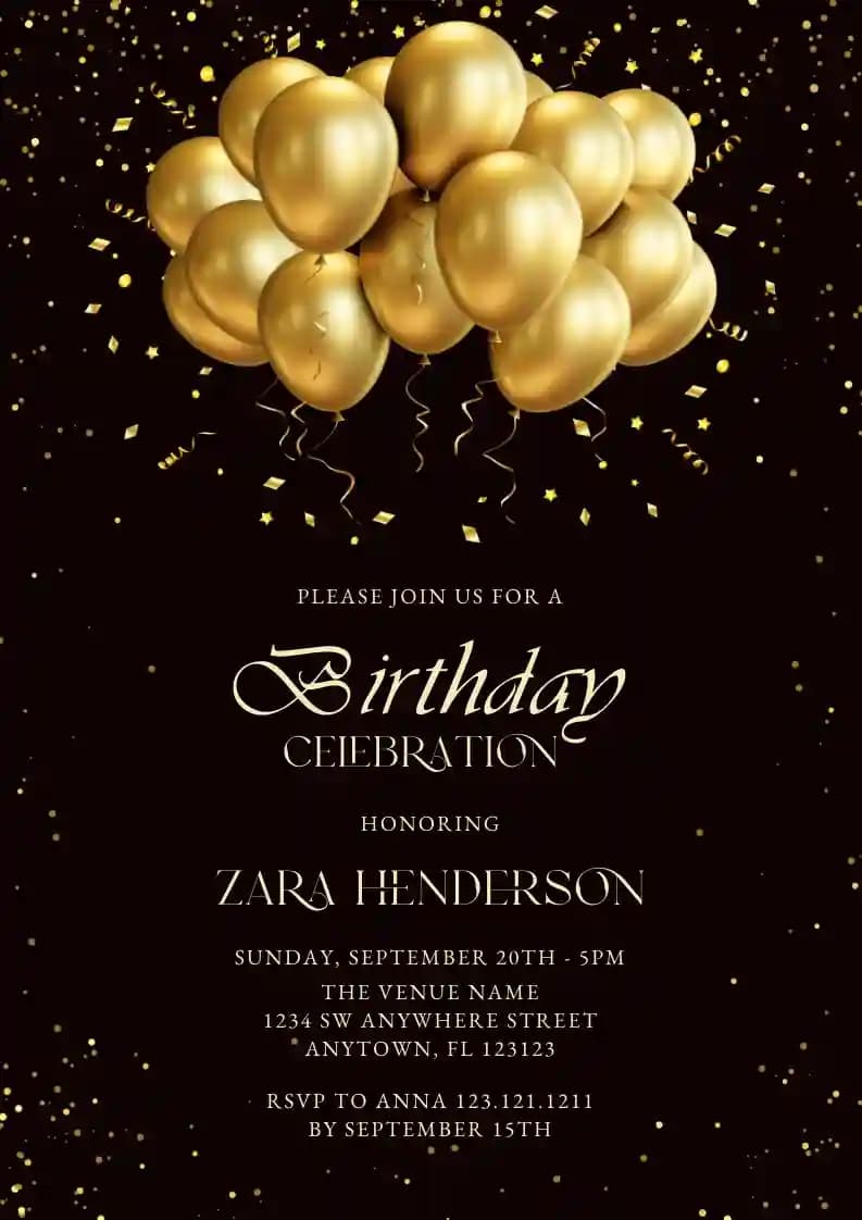 Adults Birthday Invitations - Gold Glitter Balloon
