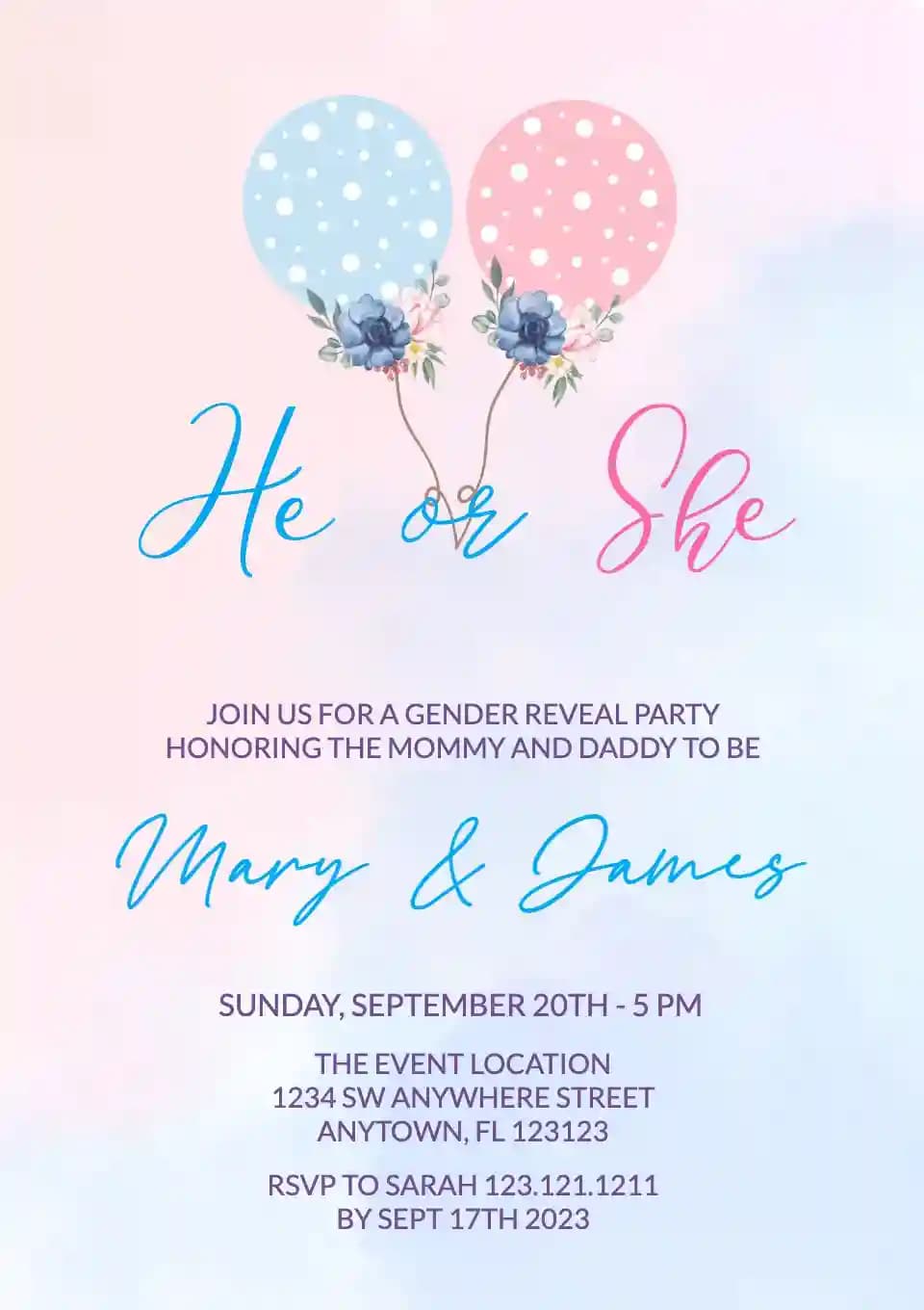 Invitaciones De Revelación De Género - Globos Azules Y Rosas.