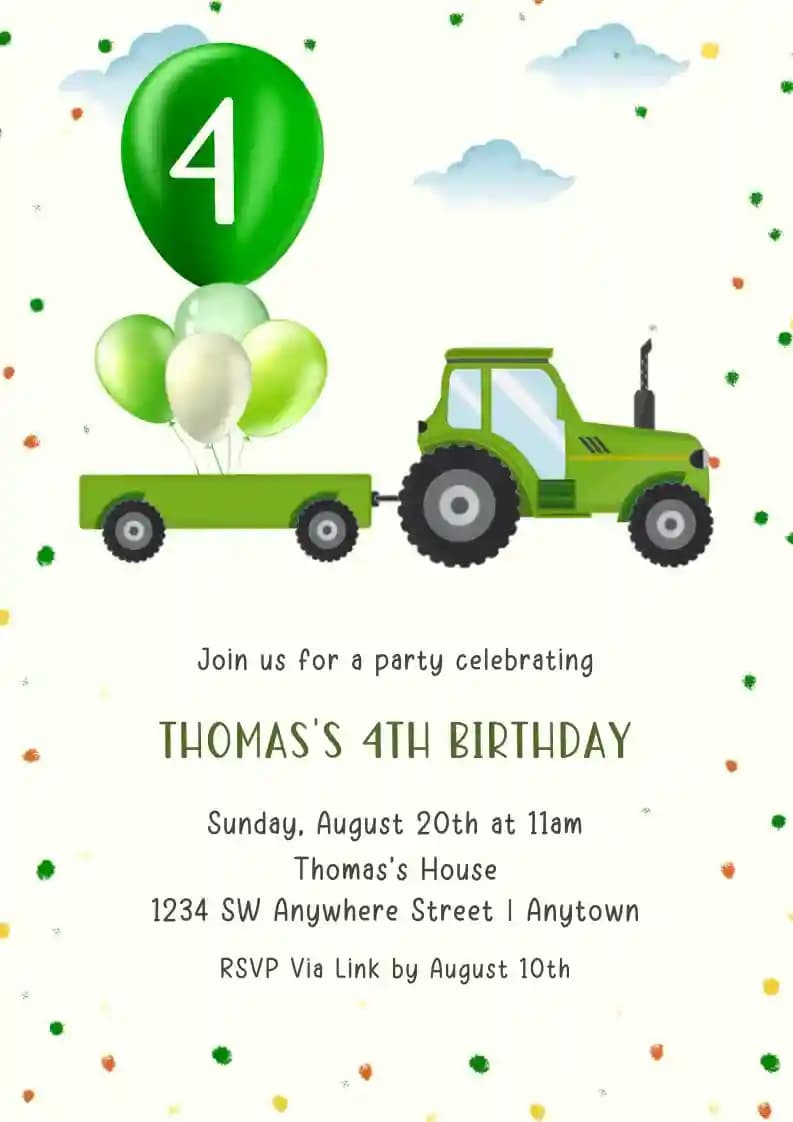 Invitations D'anniversaire Pour Enfants - Tracteur Vert