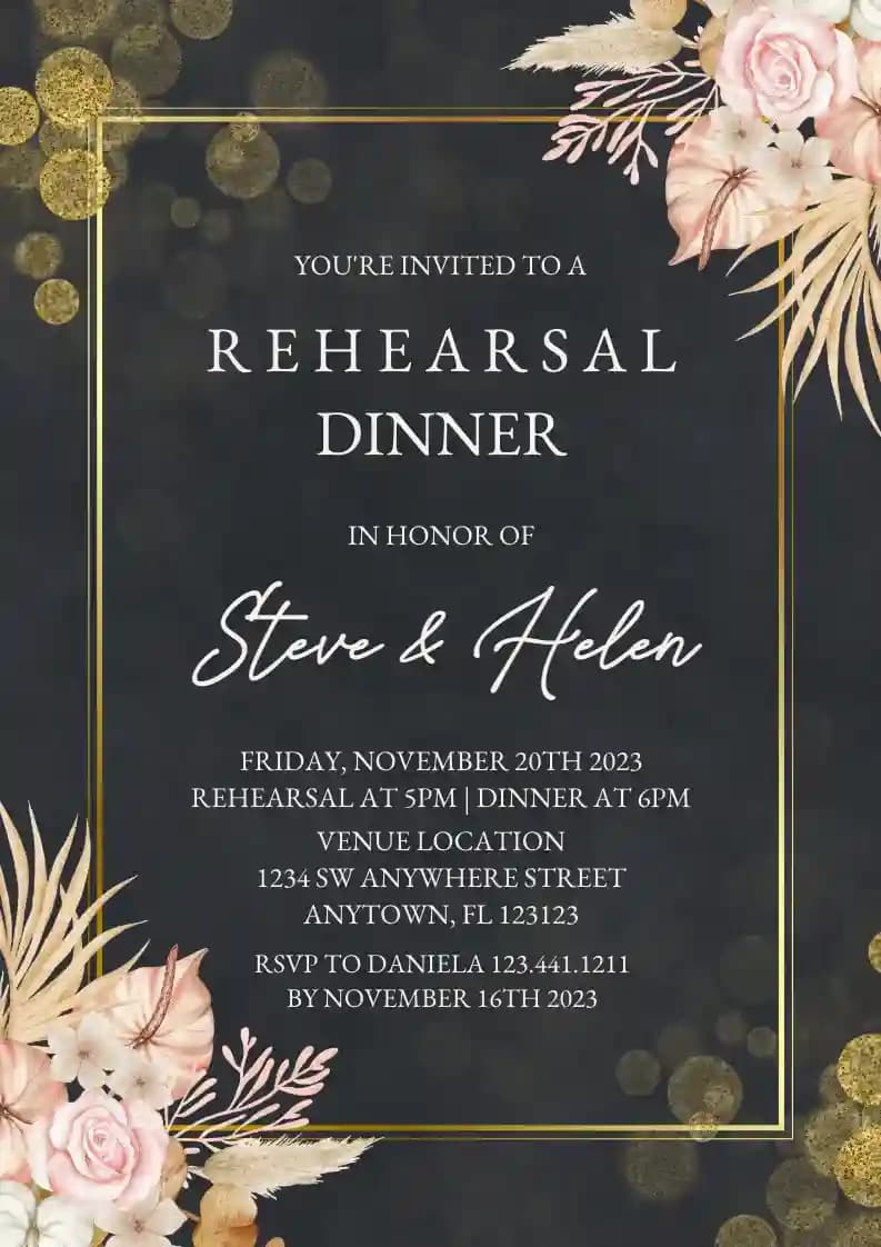 Rehearsal Dinner Invitations - Boho Flower Gold Frame