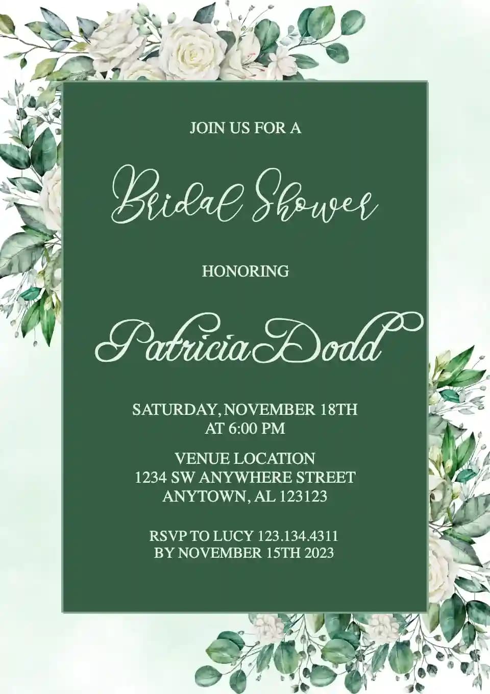 Inviti Per Il Bridal Shower - Cornice Verde Rose Bianche