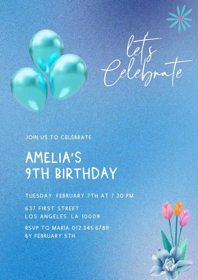 Kids Birthday Invitations - Blue Flower And Balloon