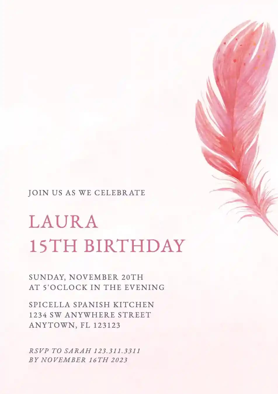 Invitaciones De Cumpleaños Para Adolescentes - Pluma Rosa