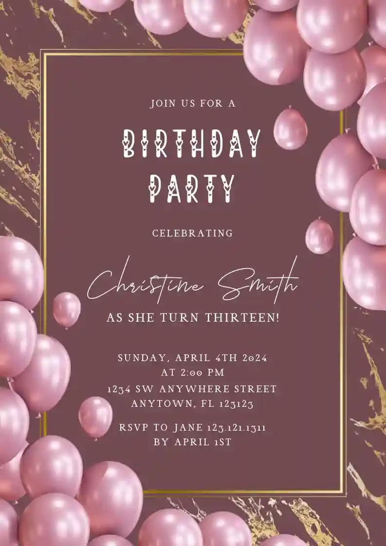Invitaciones De Cumpleaños Para Adolescentes - Mármol Dorado Globo Rosa