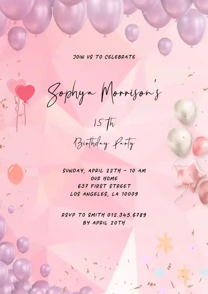 Teens Birthday Invitations - Lilac Balloons Frame