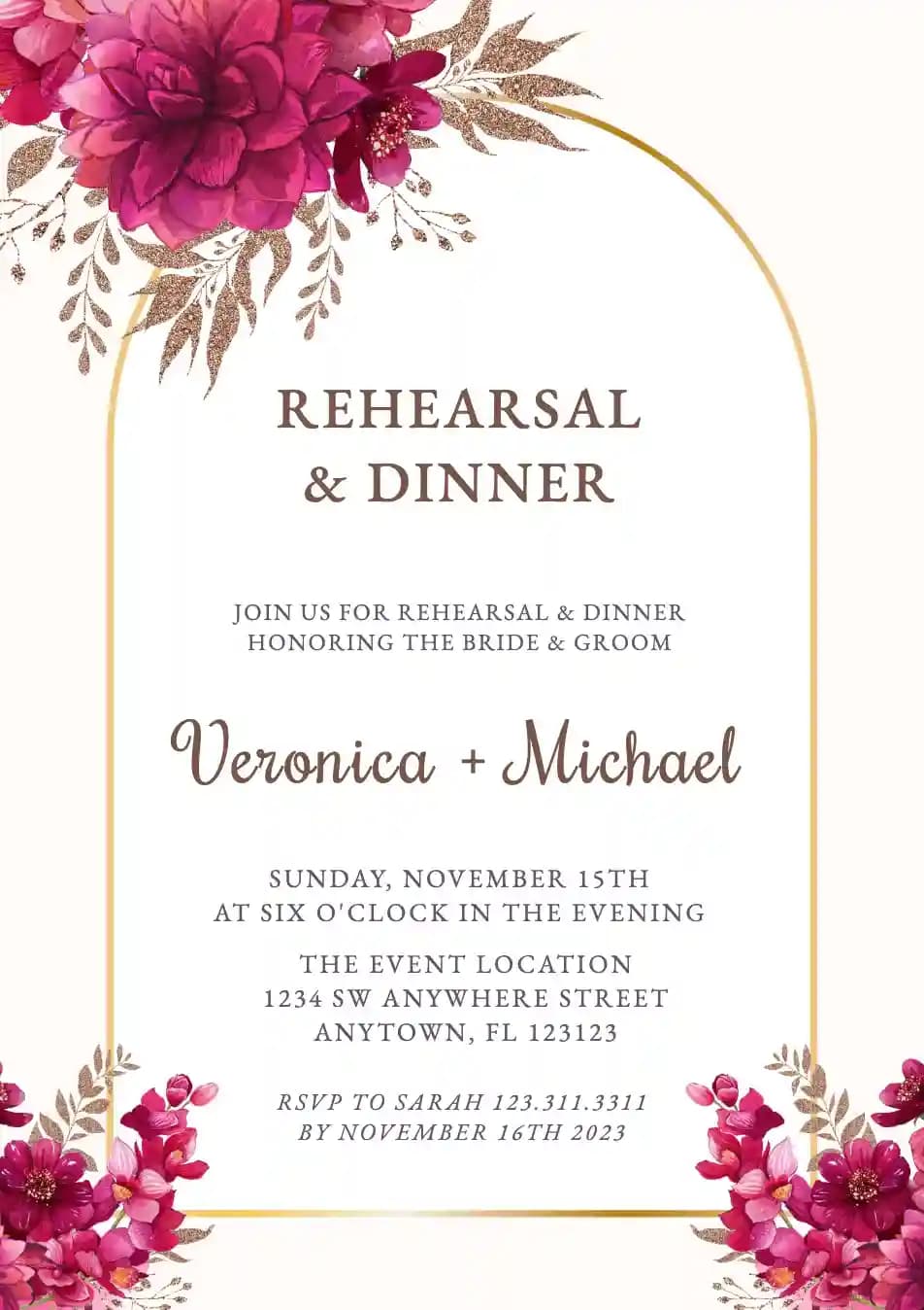 Invitations Pour Dîner De Répétition - Cadre Arche Marsala Bouquet