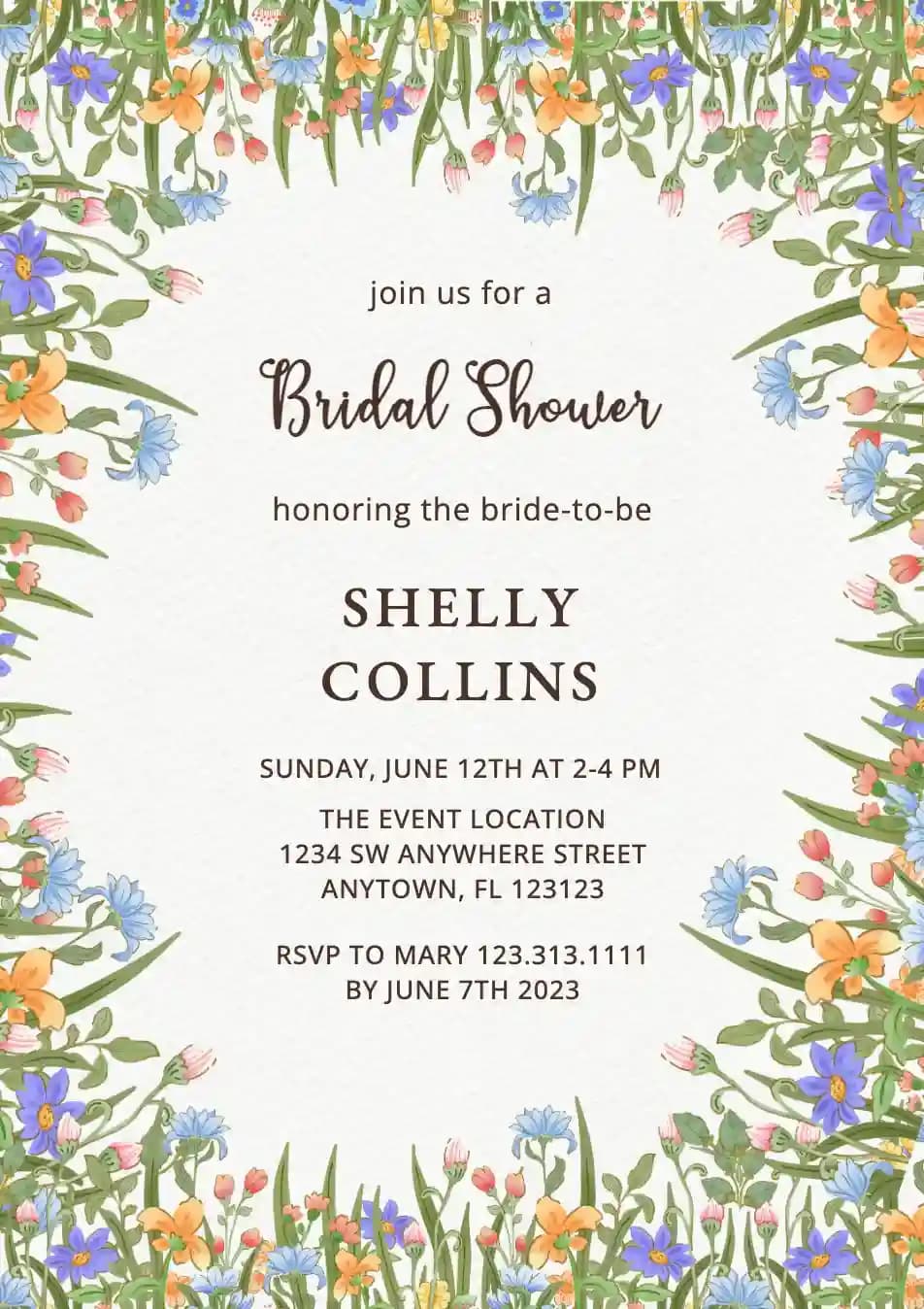 Invitations De Bridal Shower - Cadre De Fleurs Sauvages Aquarelle