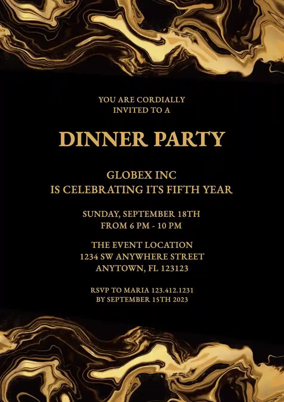 Dinner Party Invitations - Black And Gold Marble