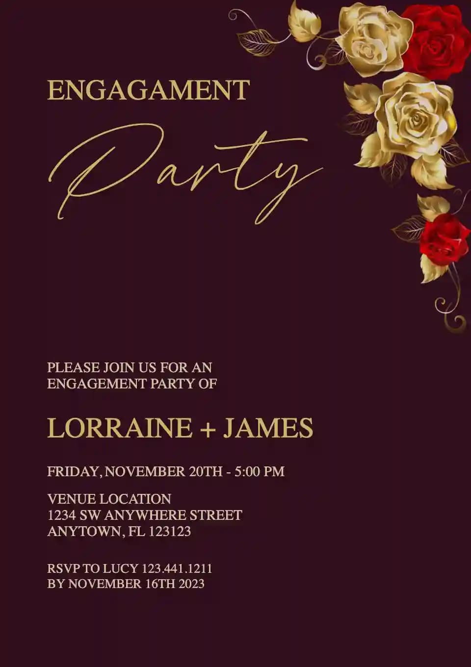 Engagement Party Invitations - Red And Gold Roses