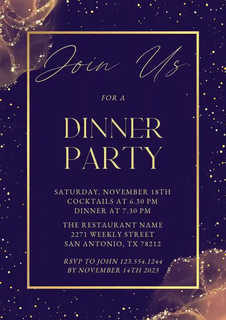 Invitaciones Para Cenas - Marco De Partículas Doradas.