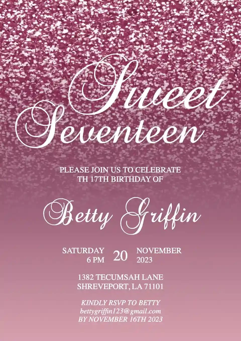 Teenage Birthday Invitations - Rose Color Glitter