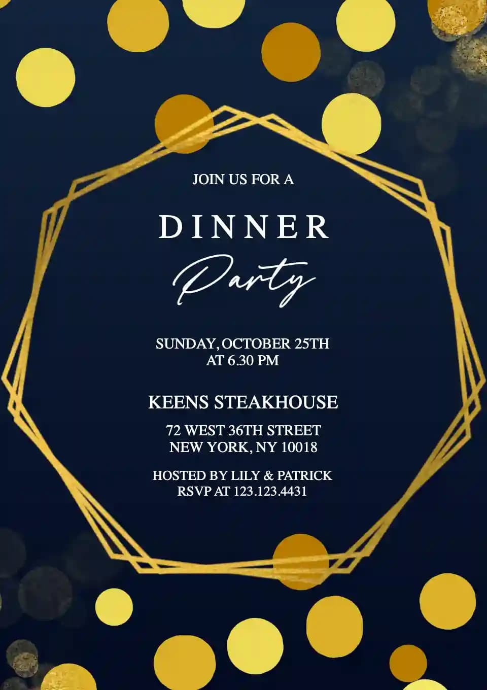 Dinner Party Invitations - Gold Dots Geometric Frame